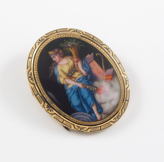 14K Gold Victorian Swiss Enamel Goddess Portrait Rose Cut Diamond Brooch Pin