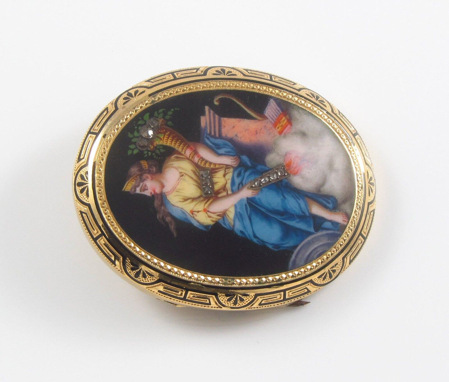 14K Gold Victorian Swiss Enamel Goddess Portrait Rose Cut Diamond Brooch Pin