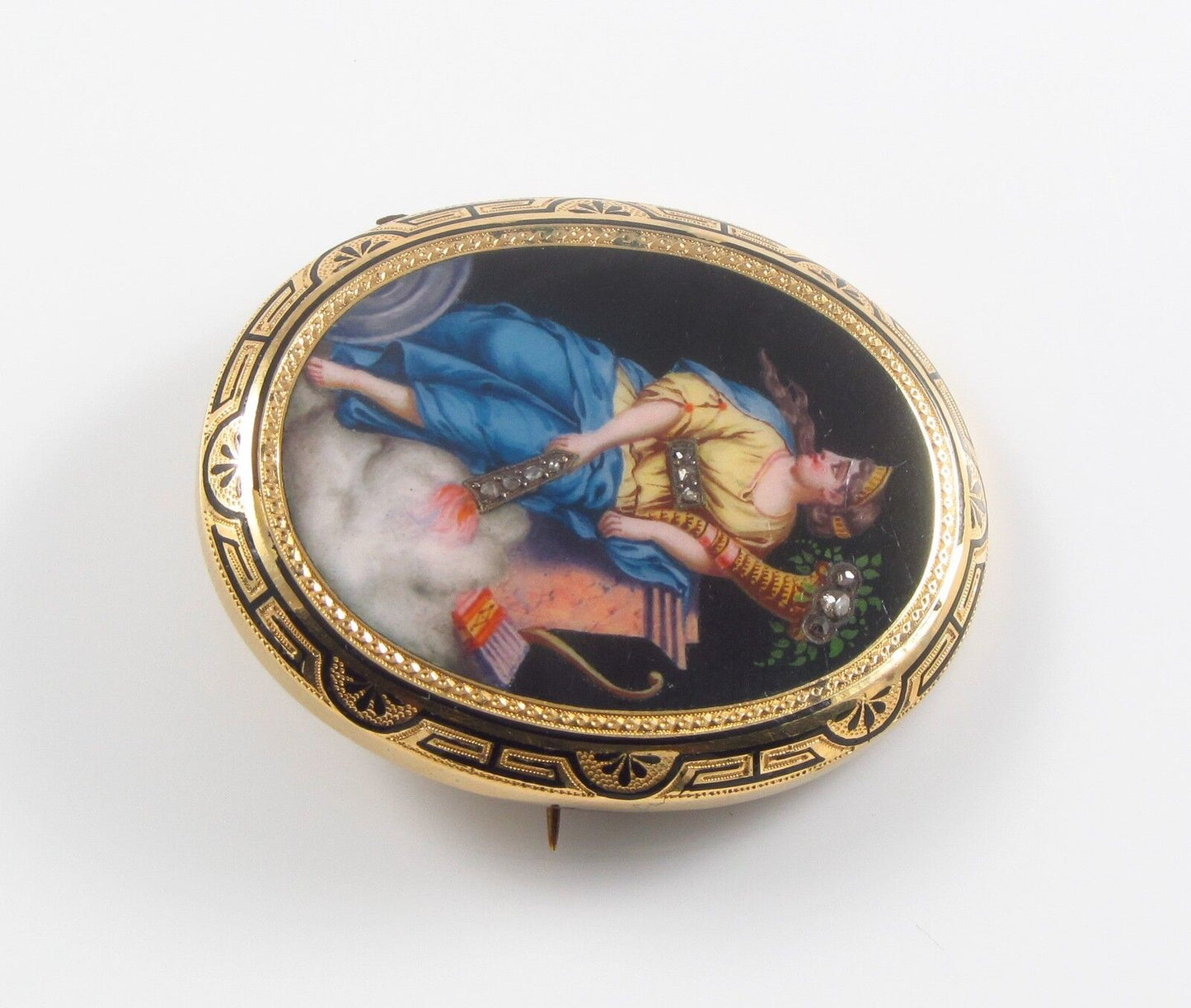14K Gold Victorian Swiss Enamel Goddess Portrait Rose Cut Diamond Brooch Pin