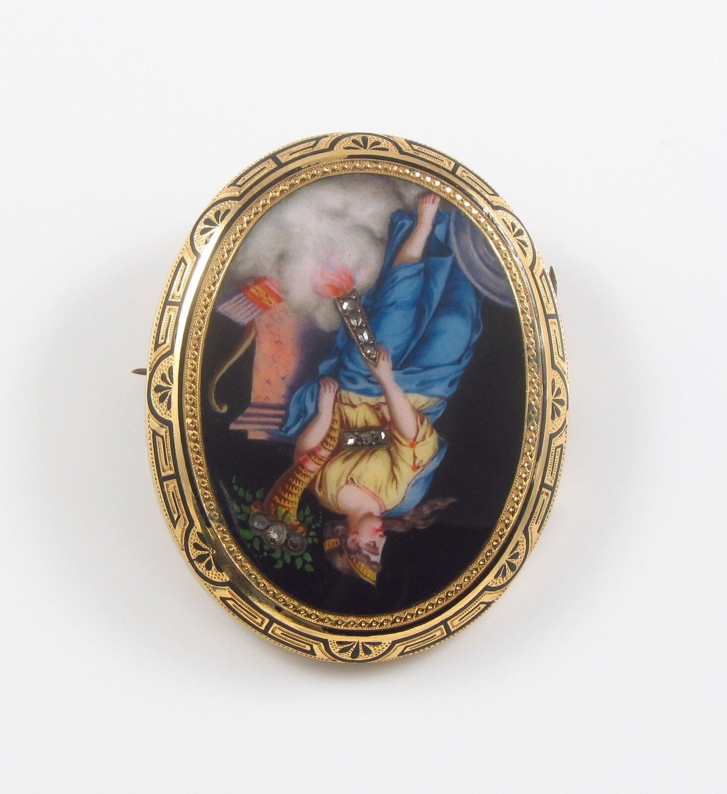 14K Gold Victorian Swiss Enamel Goddess Portrait Rose Cut Diamond Brooch Pin