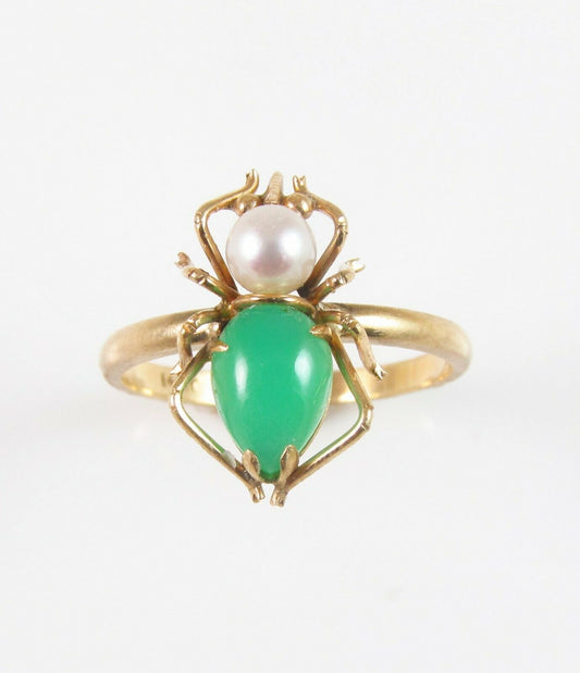 Vintage 14k gold jade jadeite pearl spider ring