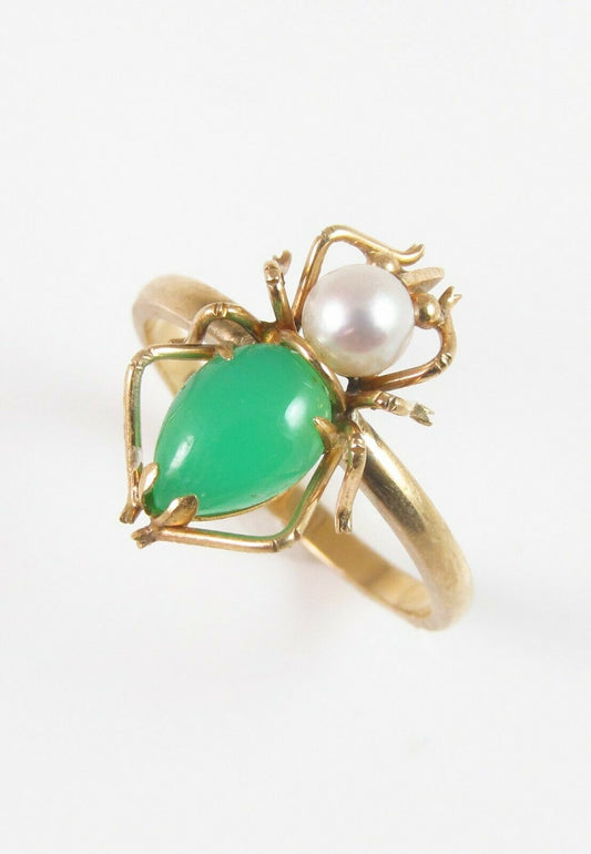 14k Gold Vintage Jade Jadeite & Pearl Spider Insect Conversion Ring Size 6.5