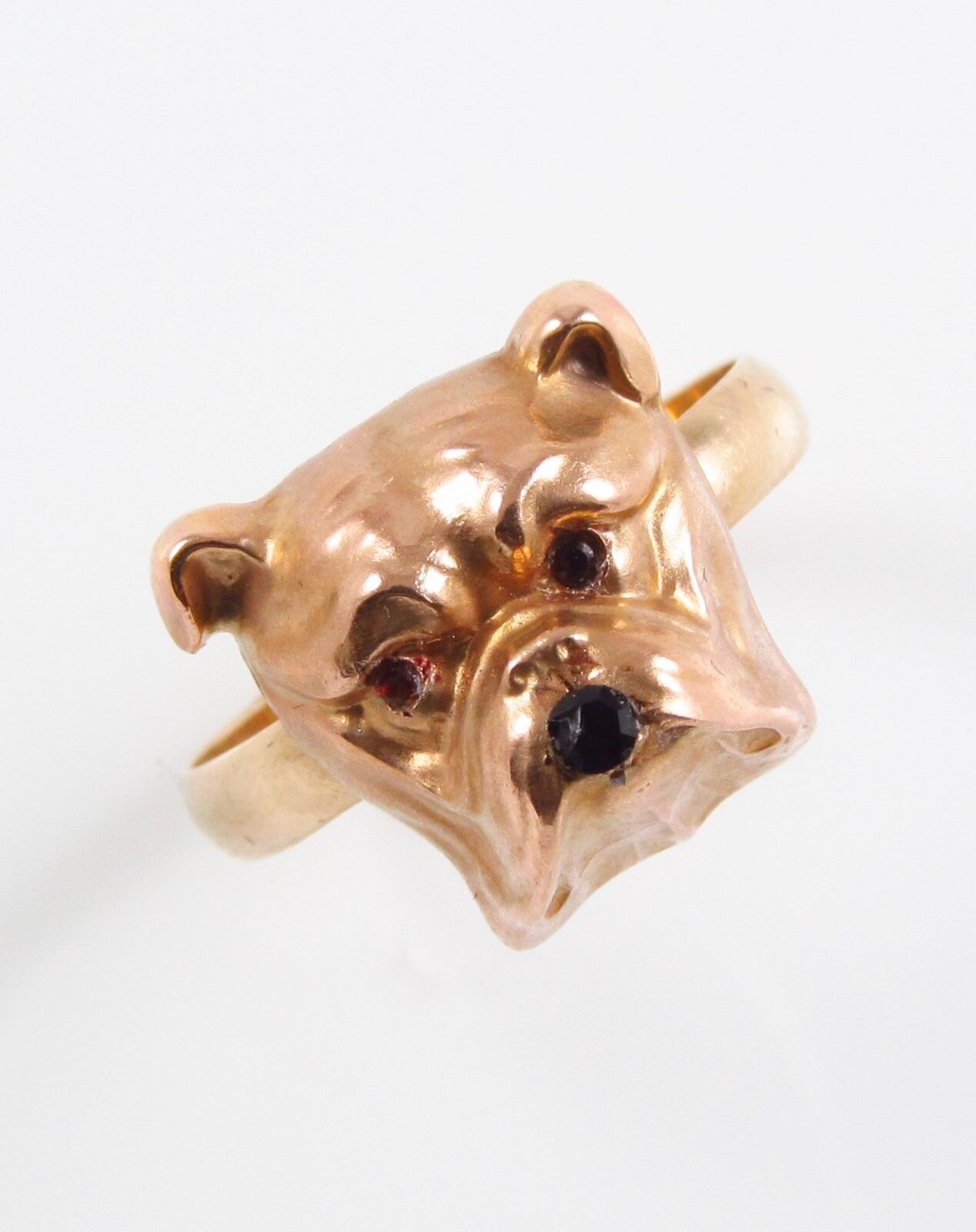 14k Gold Victorian Art Nouveau Bulldog Ruby Eyed Conversion Ring Size 8.75