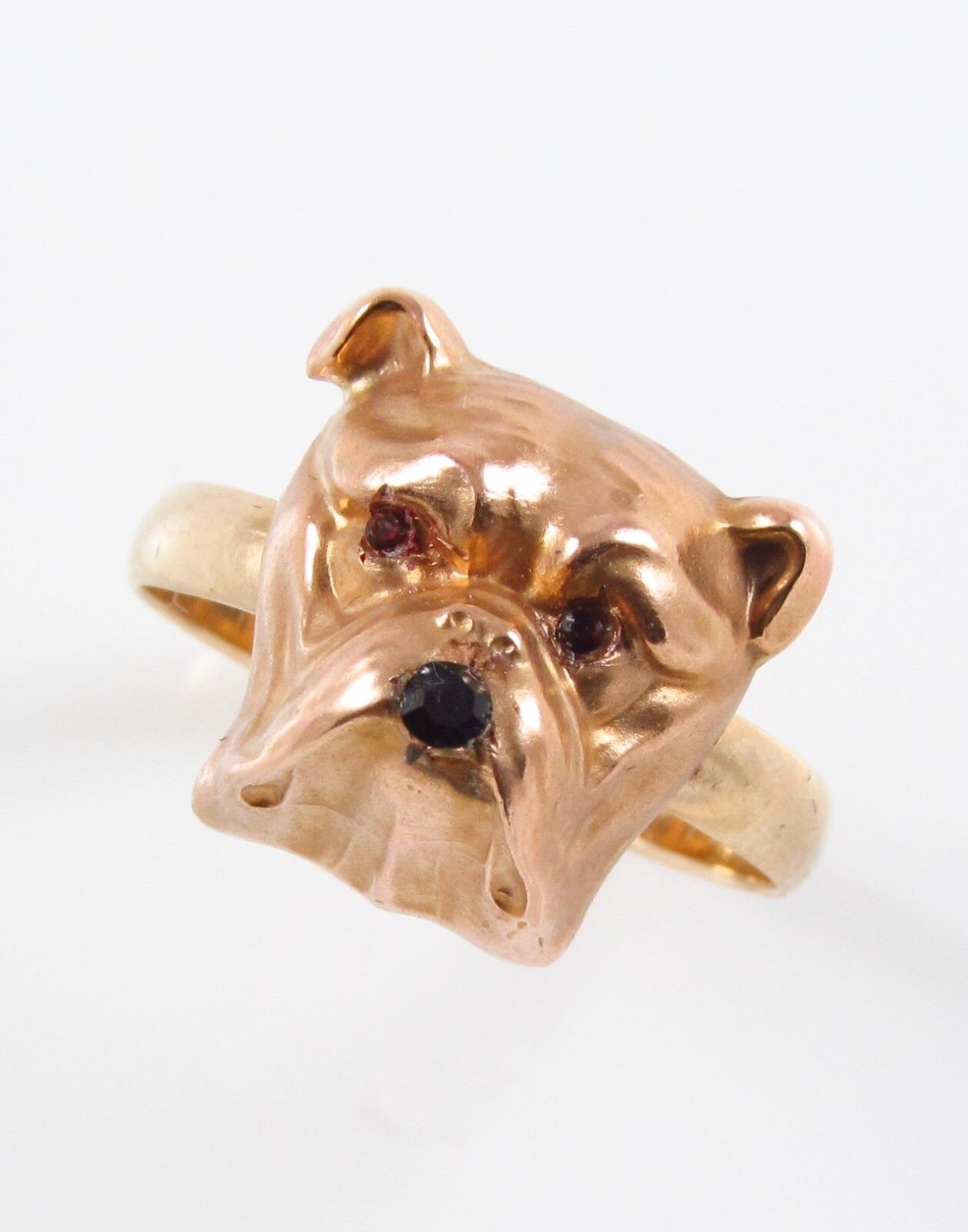 14k Gold Victorian Art Nouveau Bulldog Ruby Eyed Conversion Ring Size 8.75