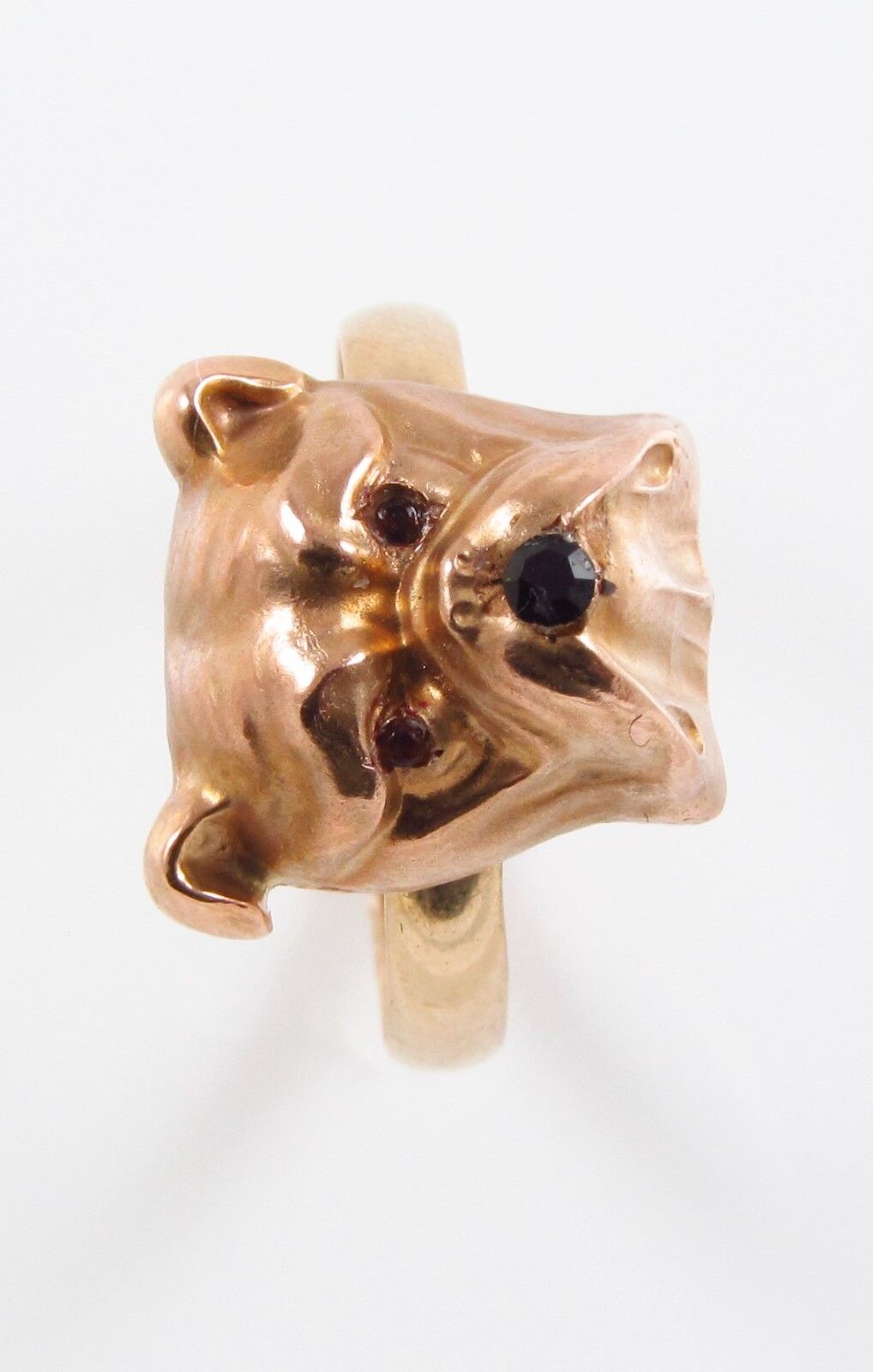 14k Gold Victorian Art Nouveau Bulldog Ruby Eyed Conversion Ring Size 8.75