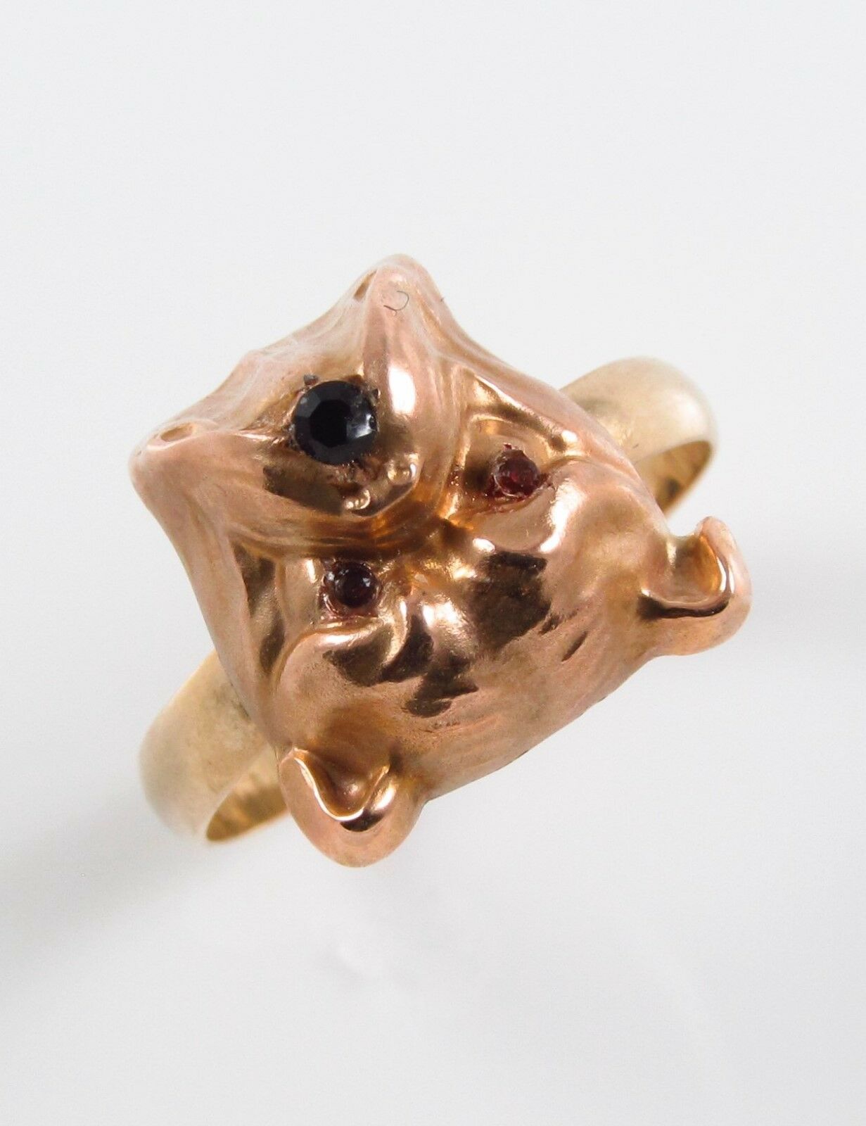 14k Gold Victorian Art Nouveau Bulldog Ruby Eyed Conversion Ring Size 8.75