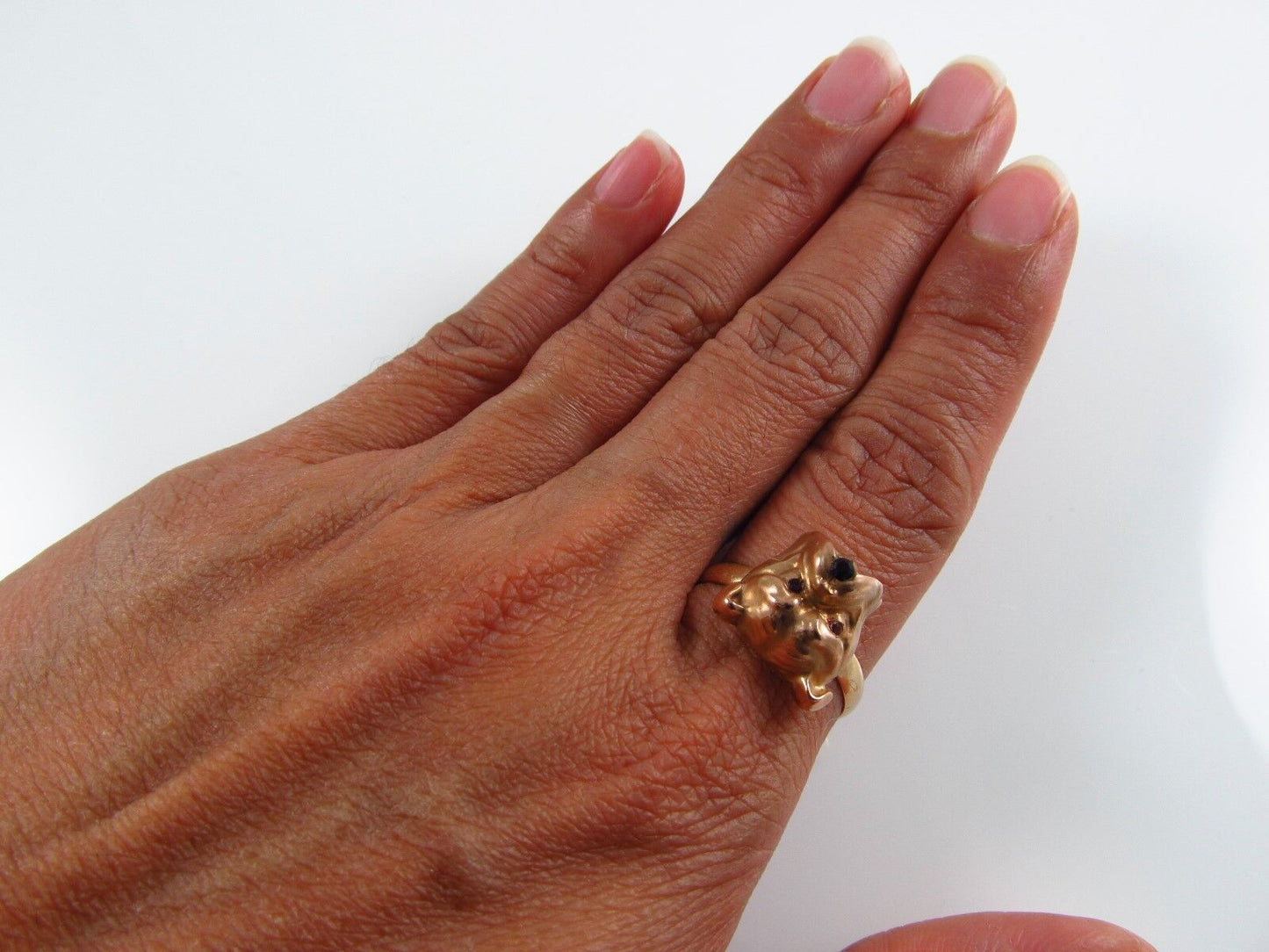 14k Gold Victorian Art Nouveau Bulldog Ruby Eyed Conversion Ring Size 8.75