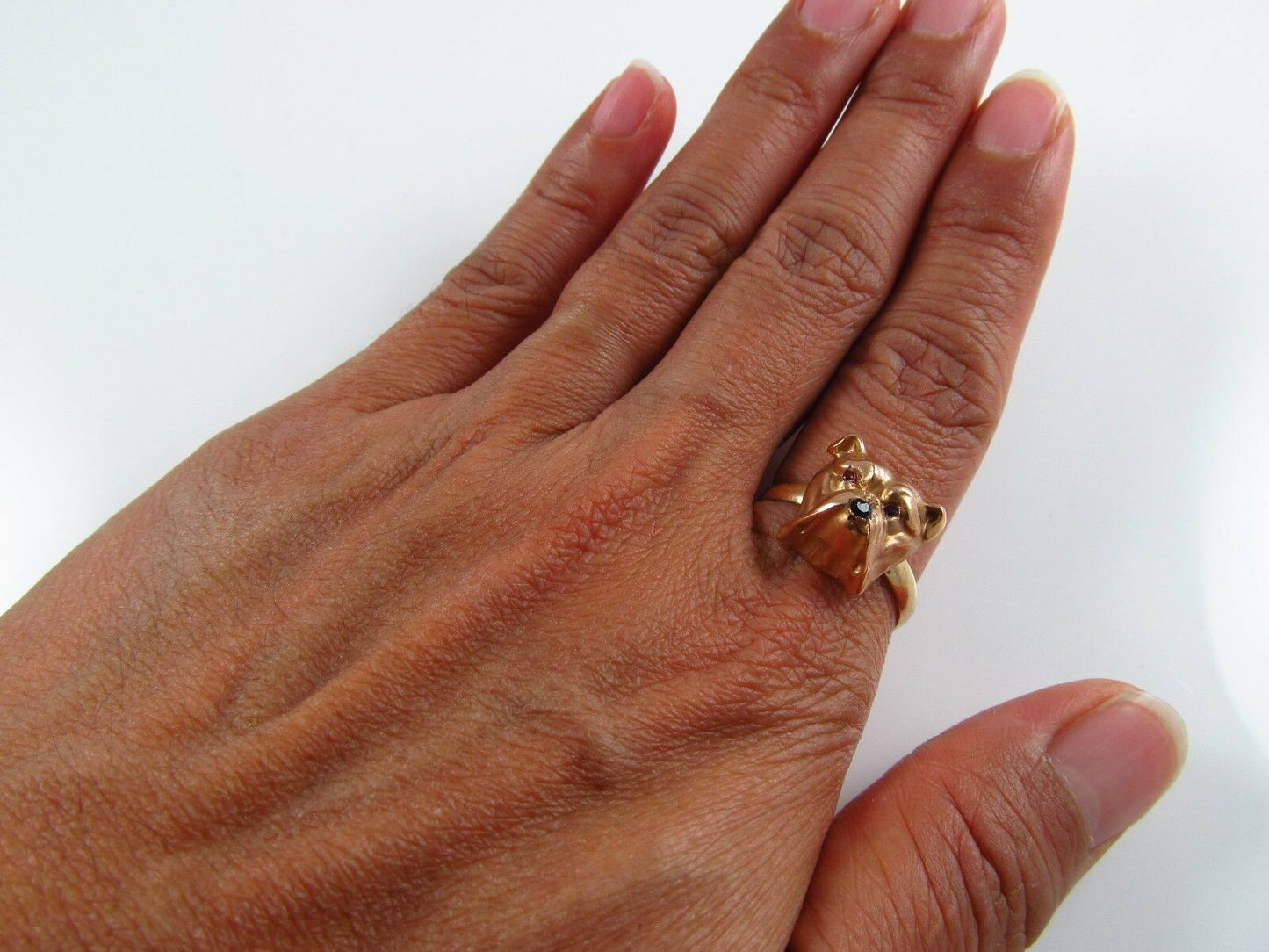 14k Gold Victorian Art Nouveau Bulldog Ruby Eyed Conversion Ring Size 8.75