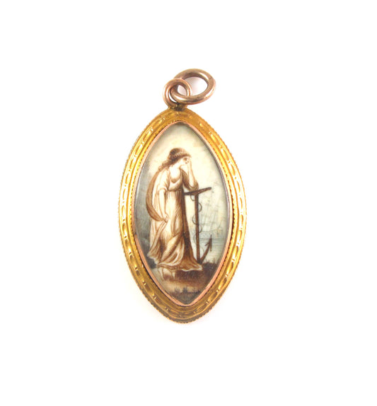 Antique Georgian 14k Gold Miniature Sepia Painting Maritime Woman & Anchor Pendant