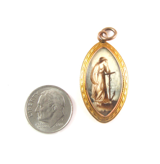 Antique Georgian 14k Gold Miniature Painting Maritime Woman & Anchor Pendant