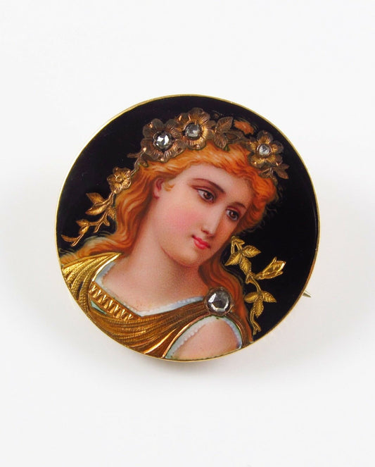 18K Gold Antique Swiss Enamel Goddess Diana Portrait Rose Cut Diamond Brooch Pin