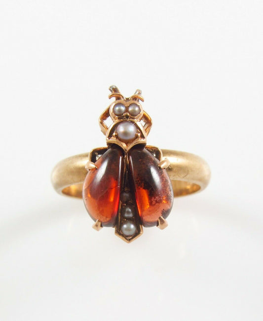 14k gold Victorian garnet pearl beetle ring
