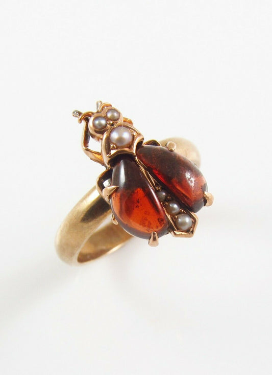 14k Gold Victorian Seed Pearl & Garnet Insect Bug Beetle Conversion Ring Size 5