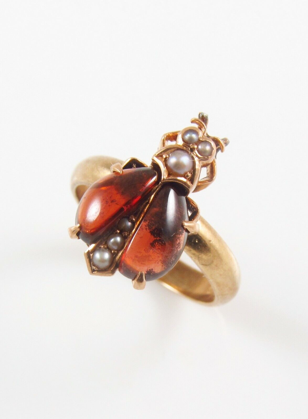14k Gold Victorian Seed Pearl & Garnet Insect Bug Beetle Conversion Ring Size 5