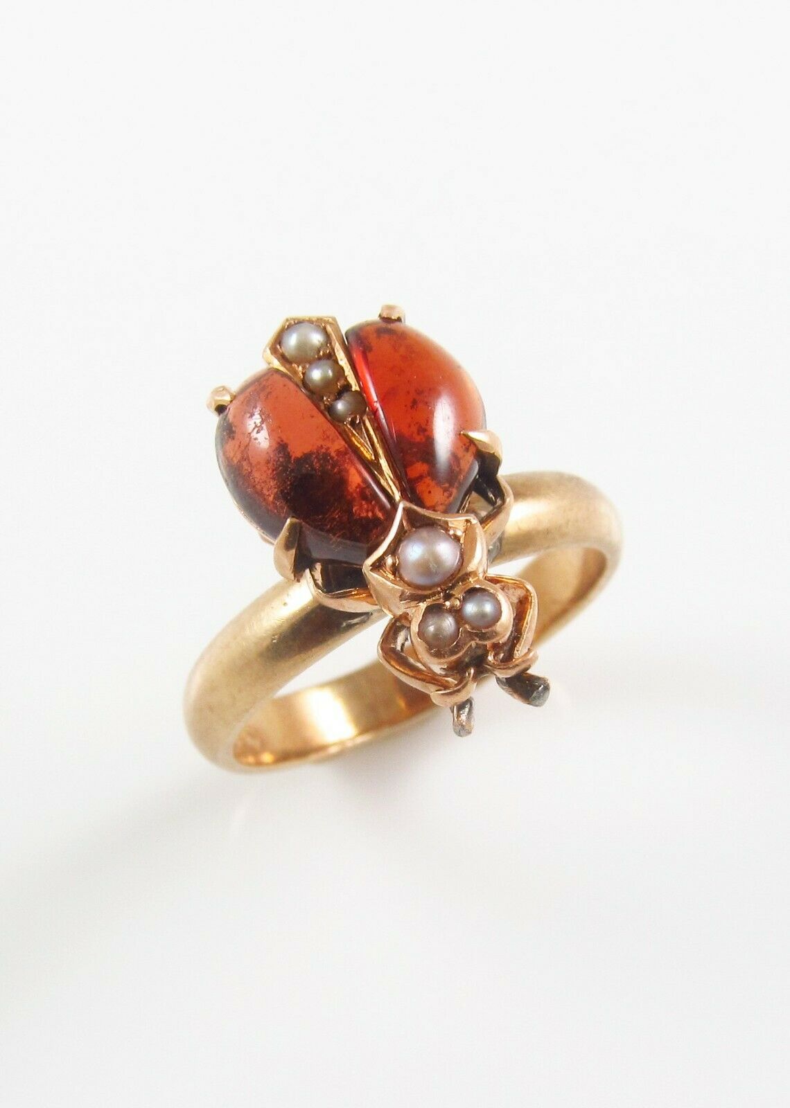 14k Gold Victorian Seed Pearl & Garnet Insect Bug Beetle Conversion Ring Size 5