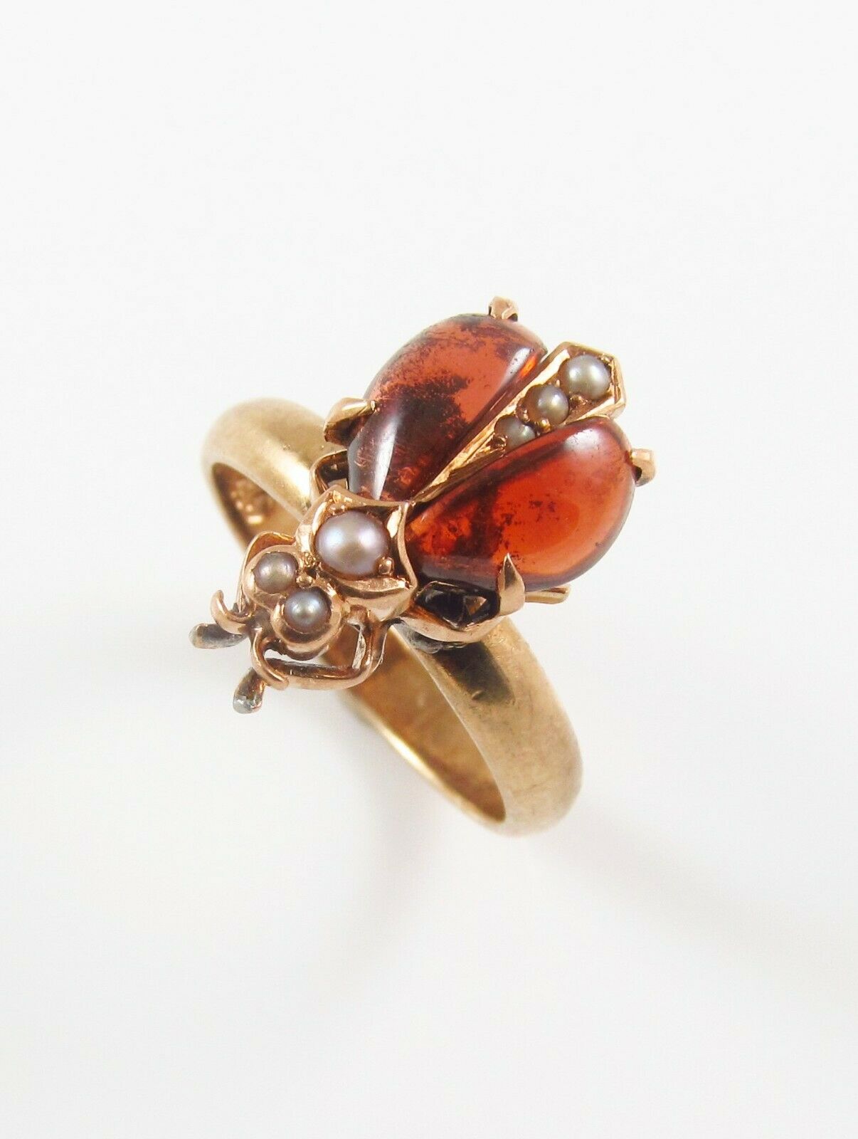 14k Gold Victorian Seed Pearl & Garnet Insect Bug Beetle Conversion Ring Size 5