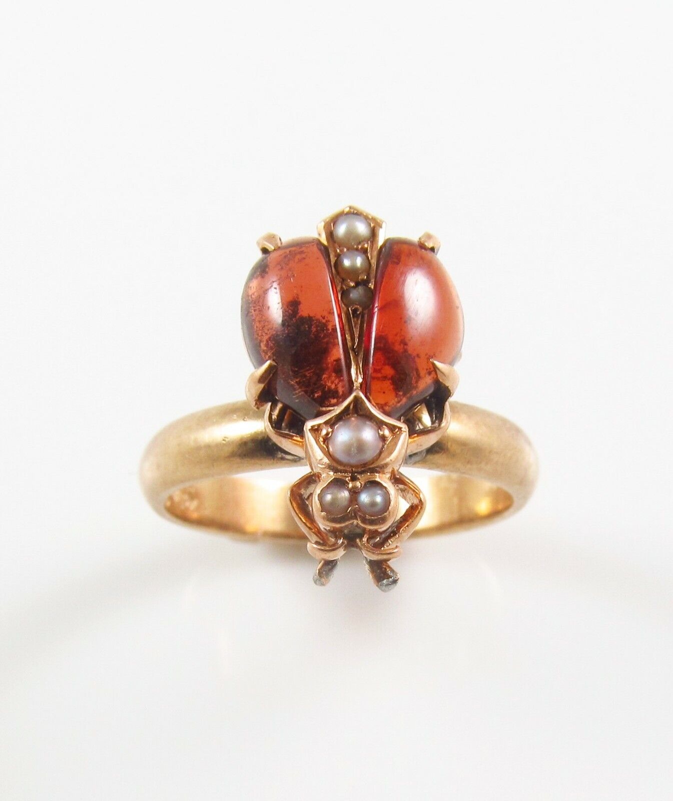 14k Gold Victorian Seed Pearl & Garnet Insect Bug Beetle Conversion Ring Size 5