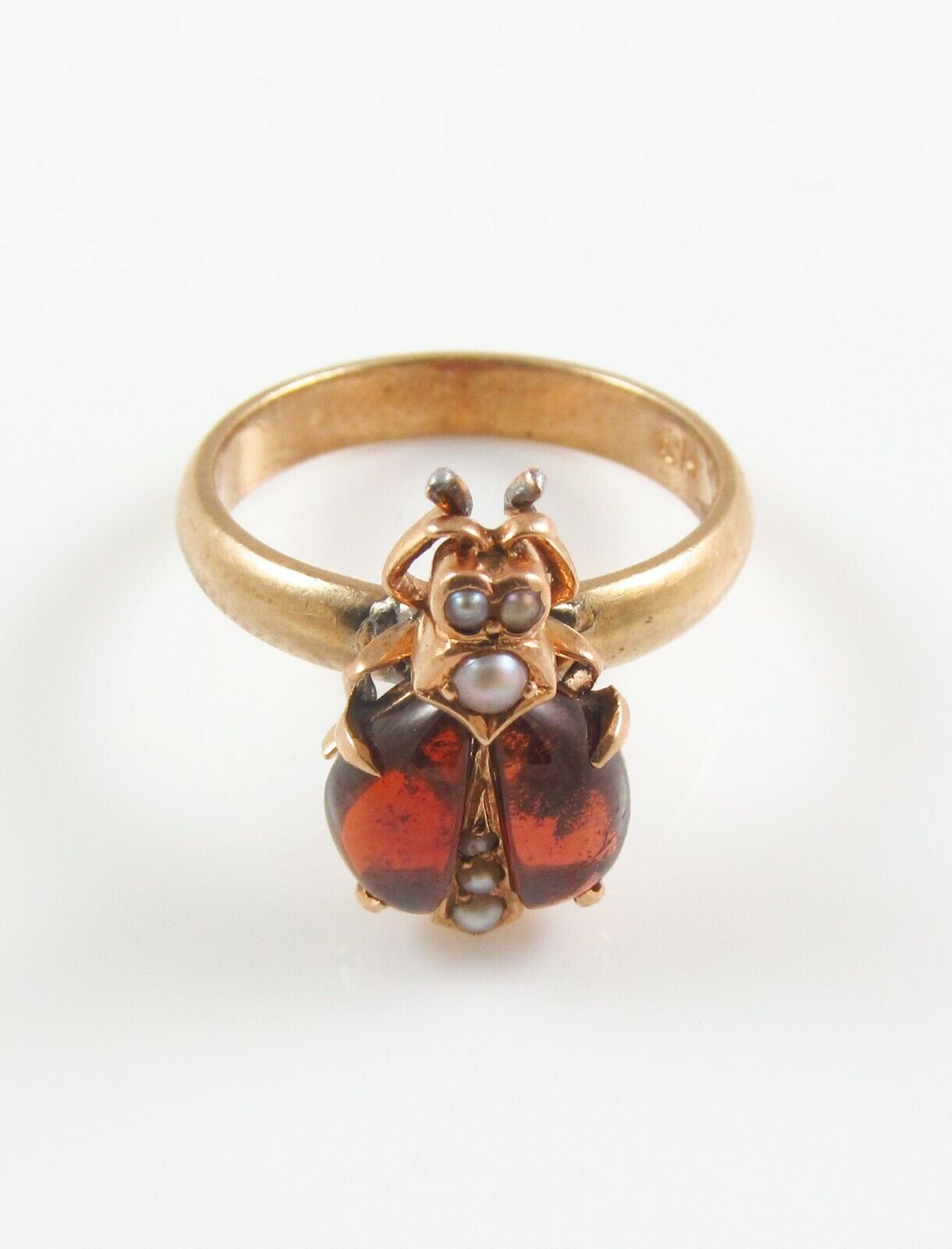 14k Gold Victorian Seed Pearl & Garnet Insect Bug Beetle Conversion Ring Size 5