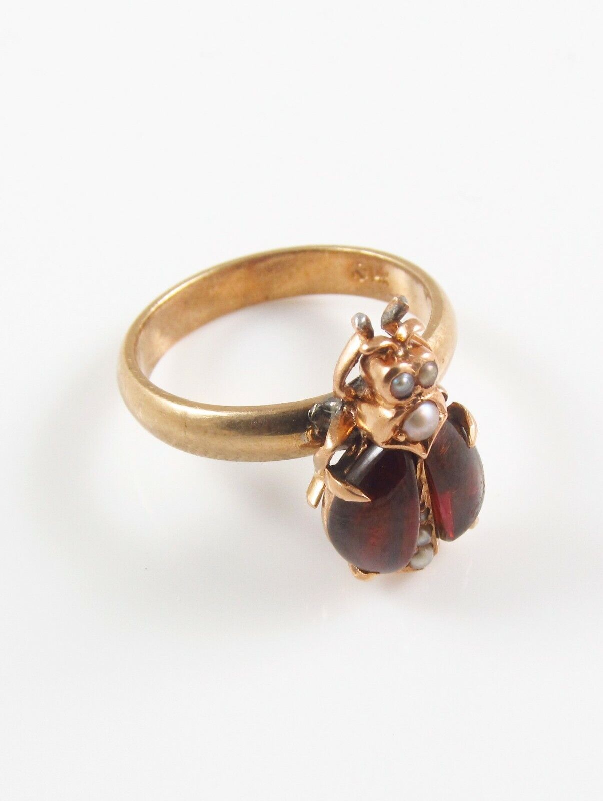 14k Gold Victorian Seed Pearl & Garnet Insect Bug Beetle Conversion Ring Size 5