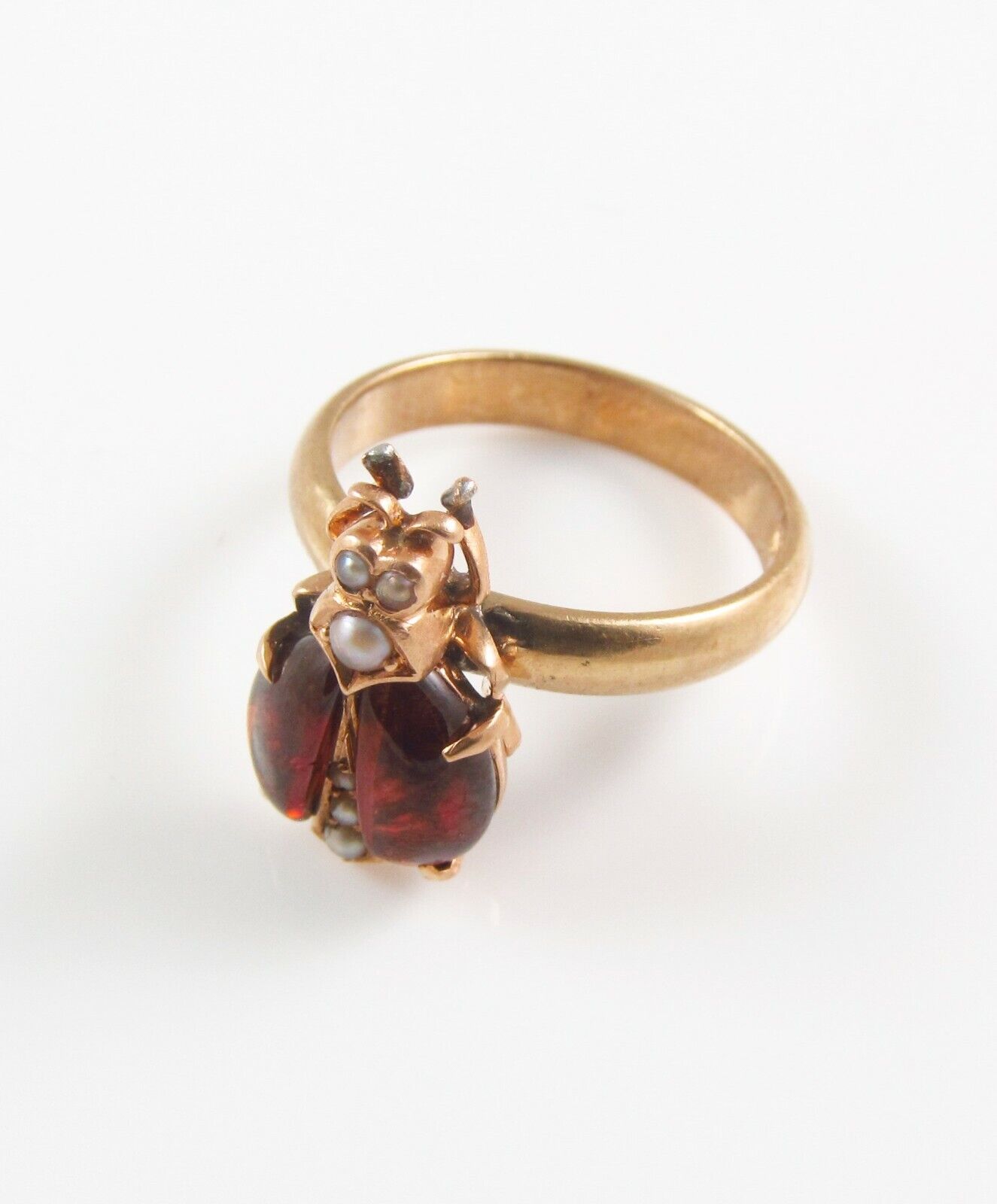 14k Gold Victorian Seed Pearl & Garnet Insect Bug Beetle Conversion Ring Size 5