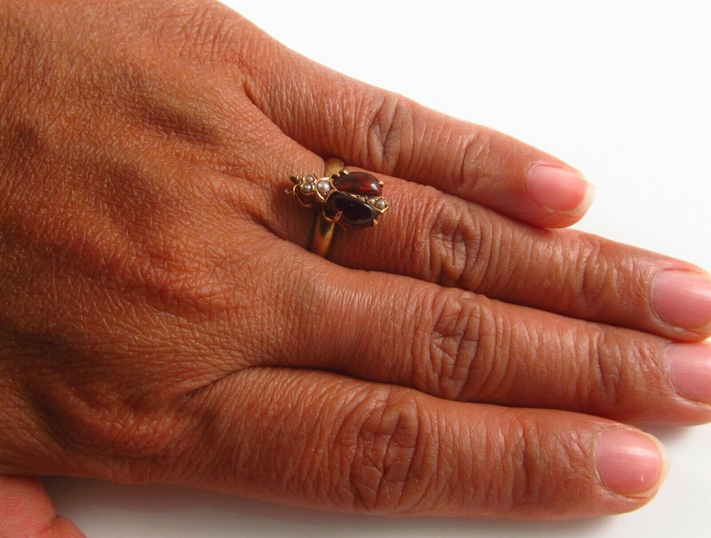 14k Gold Victorian Seed Pearl & Garnet Insect Bug Beetle Conversion Ring Size 5
