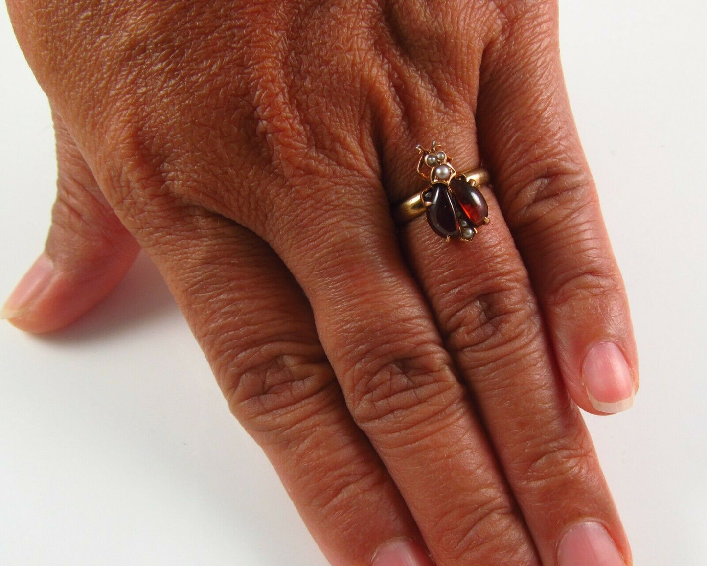 14k Gold Victorian Seed Pearl & Garnet Insect Bug Beetle Conversion Ring Size 5