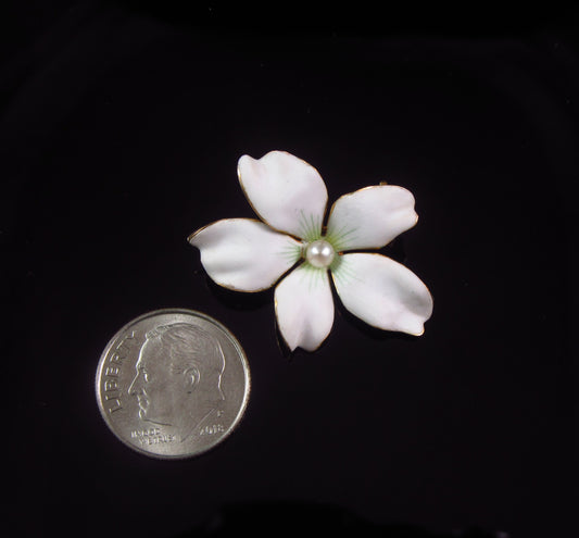 Antique Ladies 14K Gold Art Nouveau Enamel & Pearl Violet Flower Brooch Pendant