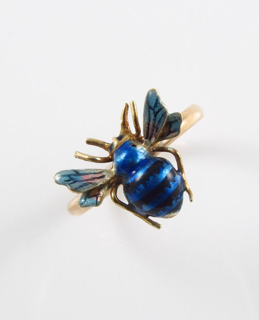 Vintage Ladies 14k Gold Blue Enamel Insect Bee Fly Conversion Ring Size 6.5