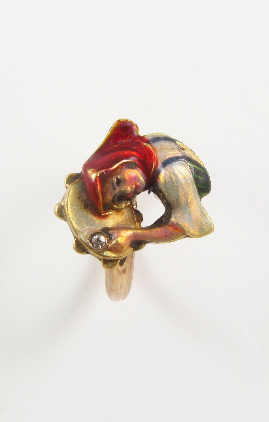 Antique 14k Gold Art Nouveau Enamel & Diamond Bavarian Bar Maid Ring Size 5.25