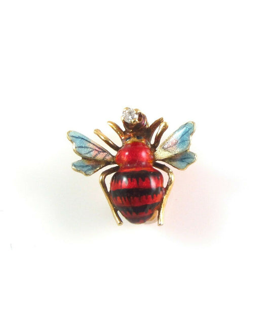 Vintage Estate14k Gold Polychrome Enamel & Diamond Bug Insect Bee Brooch Pin