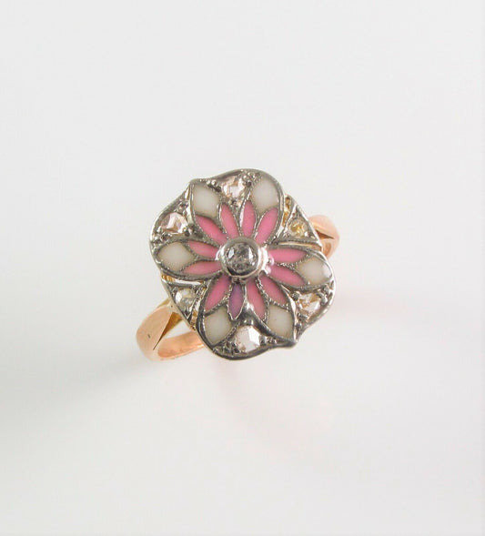 Ladies Antique 18k Gold & Platinum Topped Enamel Diamond Flower Ring Size 5.75