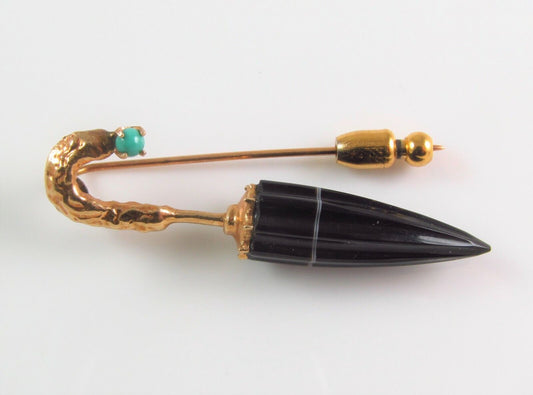 Antique Estate 14k Gold Victorian Carved Onyx Umbrella Stick Pin Lapel Pin