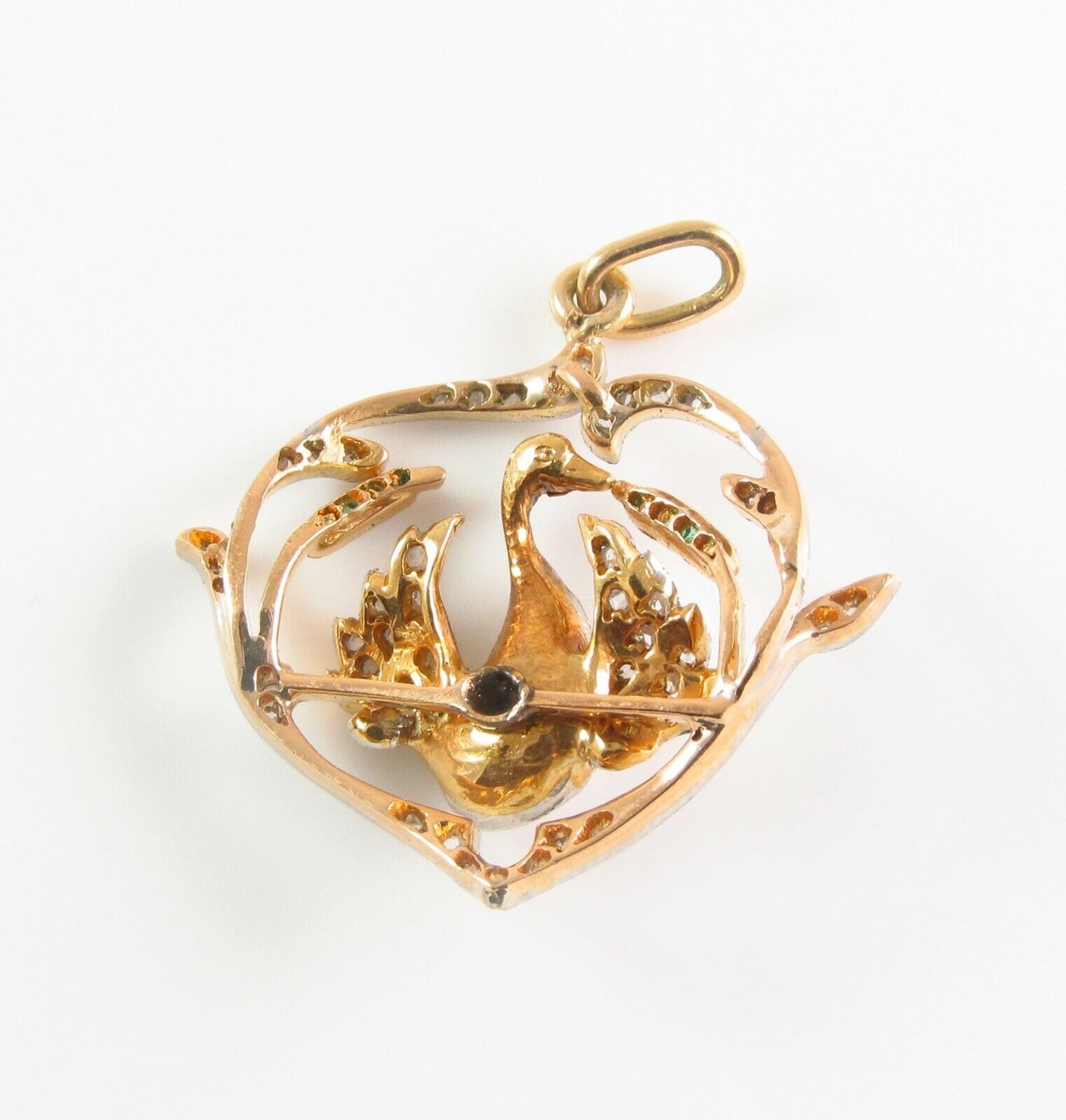 Antique Edwardian 18k Gold Platinum Topped Diamond Emerald & Pearl Swan Pendant