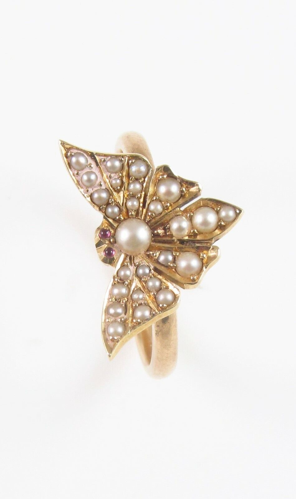 Antique 14k Gold Victorian Ruby Eyed Butterfly Pearl Conversion Ring Size 6.25
