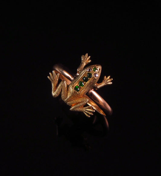 Antique 18k Gold Victorian Emerald & Diamond Frog Conversion Ring Size 4.75