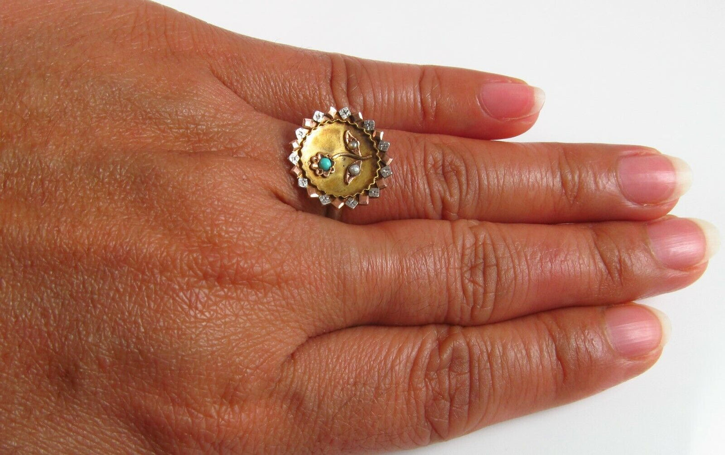 Antique 10K Gold Victorian Turquoise & Pearl Flower Conversion Ring Size 5.75