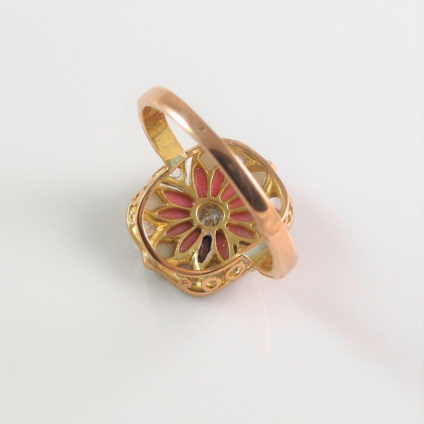 Ladies Antique 18k Gold & Platinum Topped Enamel Diamond Flower Ring Size 5.75