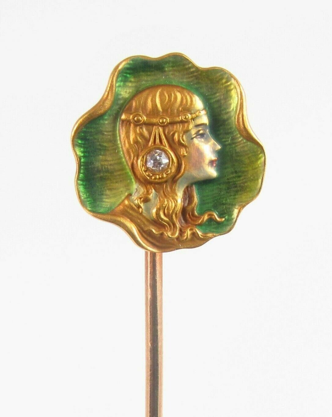 Antique 18k Gold Whiteside & Blank Enamel & Diamond Art Nouveau Lady Stick Pin