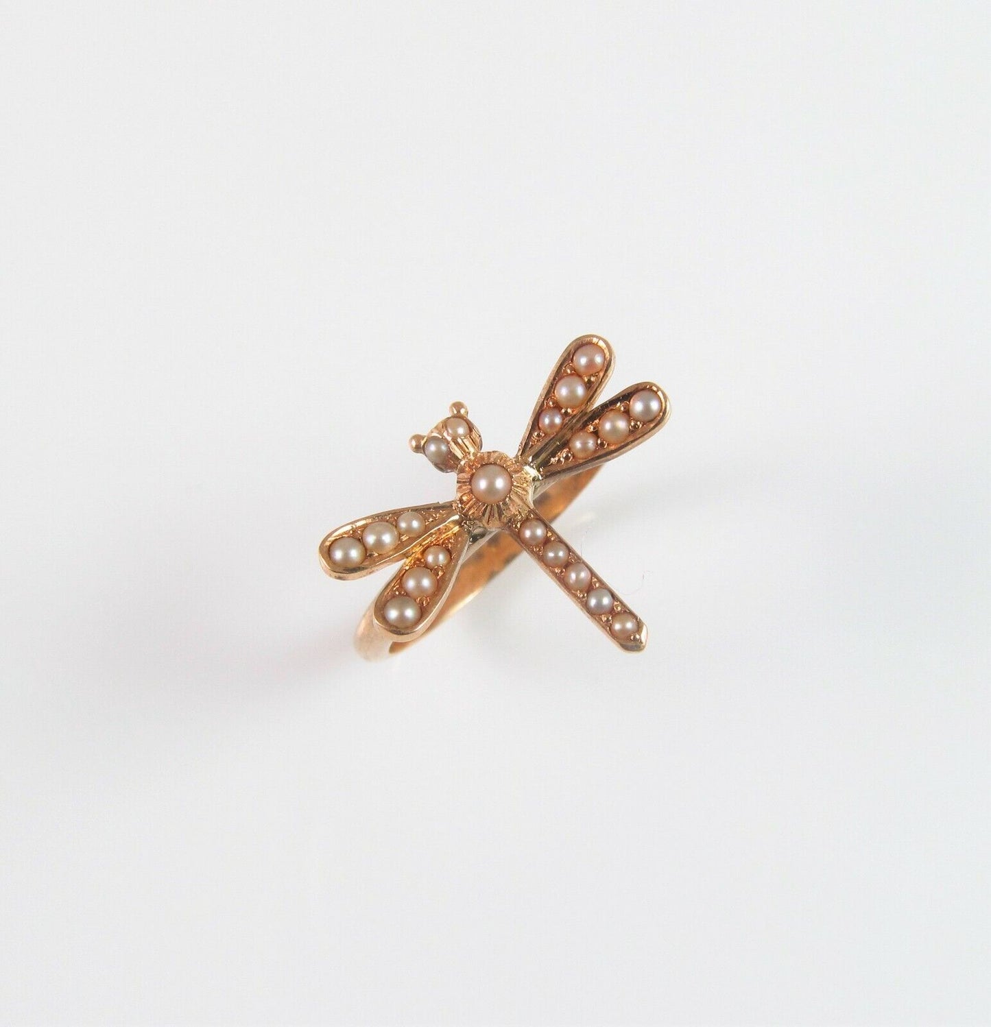 Antique 14k Gold Victorian Edwardian Dragonfly Pearl Conversion Ring Size 5