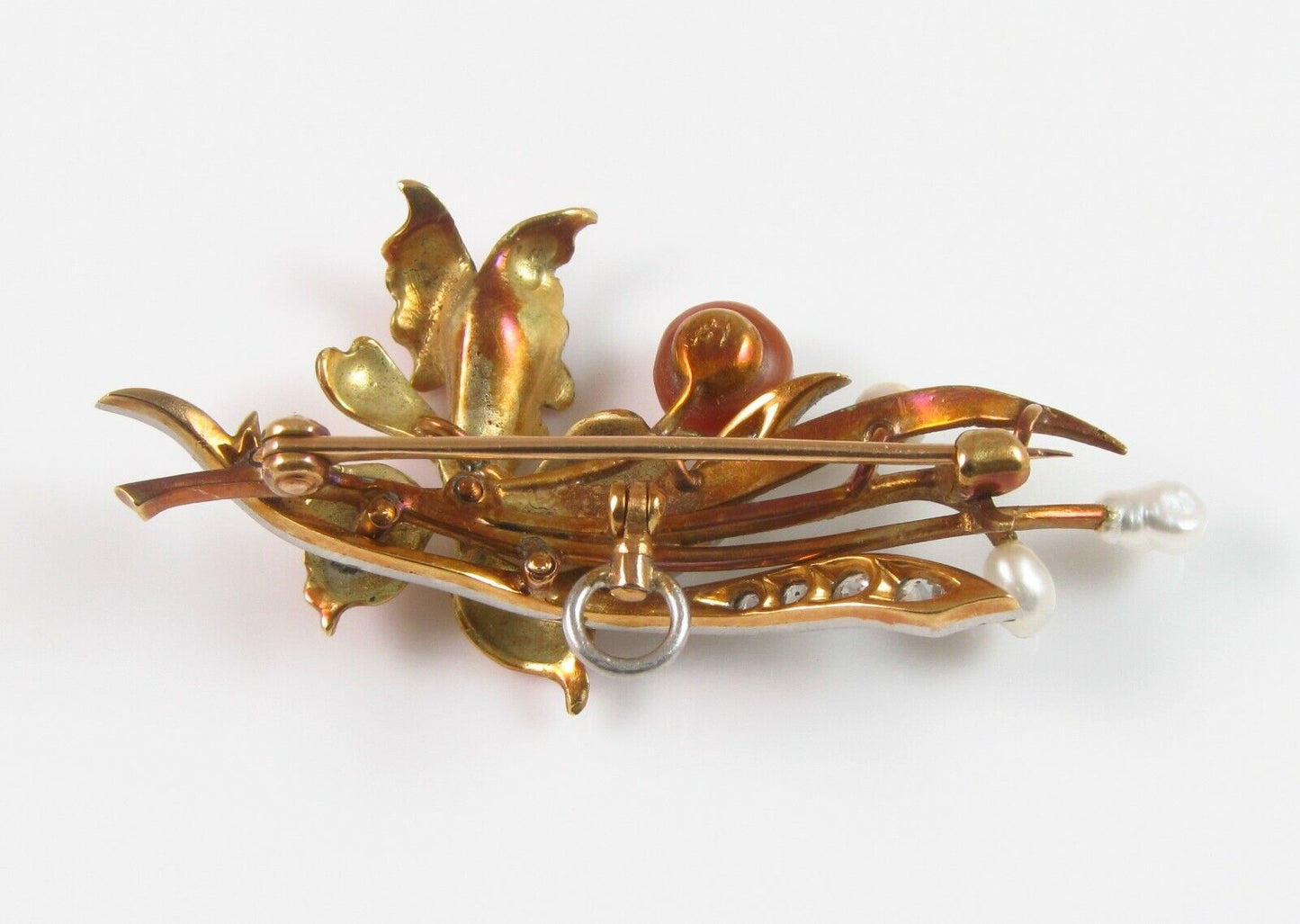 Art Nouveau 18k Gold Platinum Diamond Pearl Enamel Orchid Flower Brooch Pendant