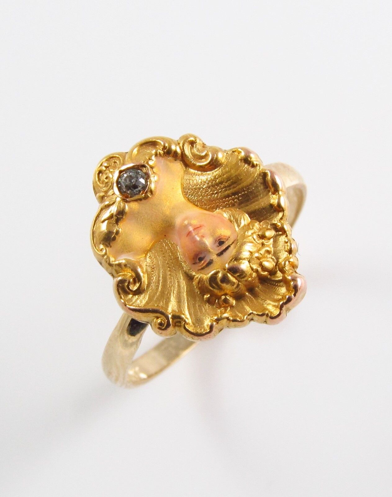 Antique 14k Gold Art Nouveau Enamel & Diamond Maiden Lady Ring Size 6.25