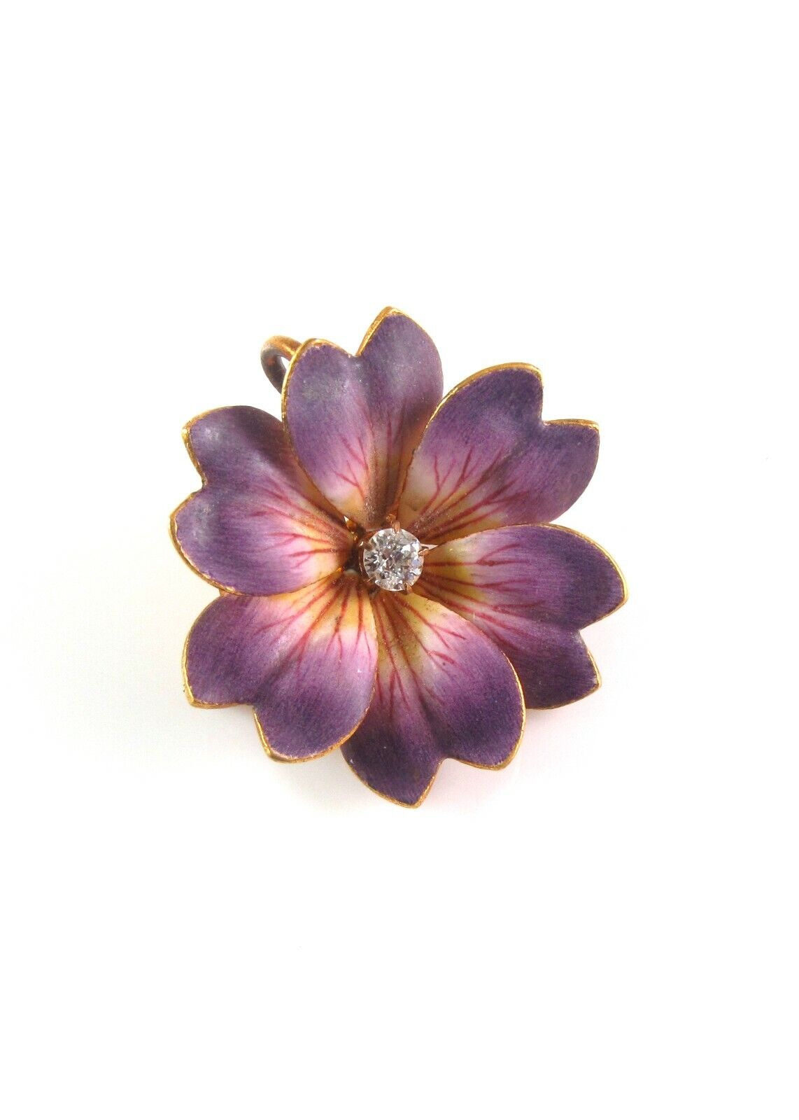 Carter Gough 14k Gold Art Nouveau Enamel Diamond Violet Flower Watch Pin Brooch
