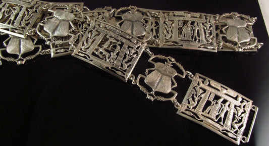 1920's Art Deco 800 Silver Egyptian Revival Scarab Beetle Panel Belt 170 Grams
