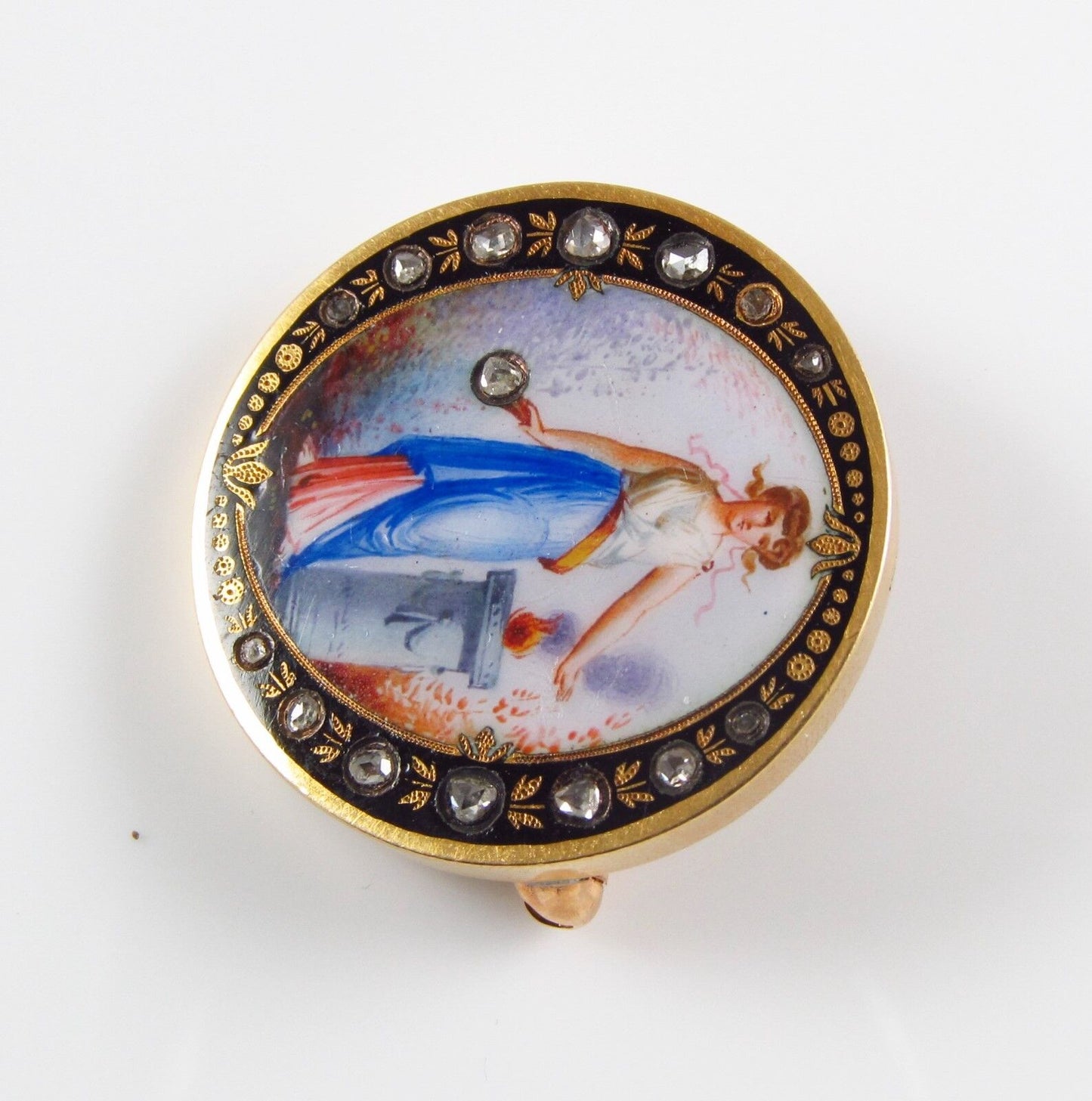 14K Gold Victorian Swiss Enamel Lady Portrait Rose Cut Diamond Set Brooch Pin