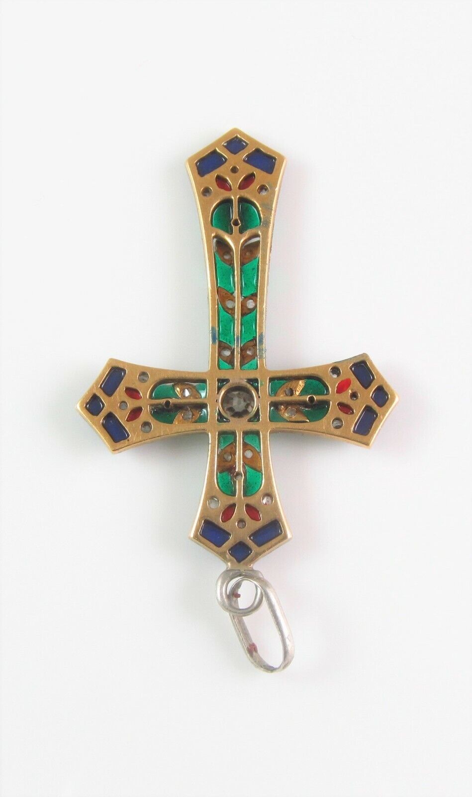Antique 18K Gold & Platinum Plique A Jour Enamel Diamond Religious Cross Pendant