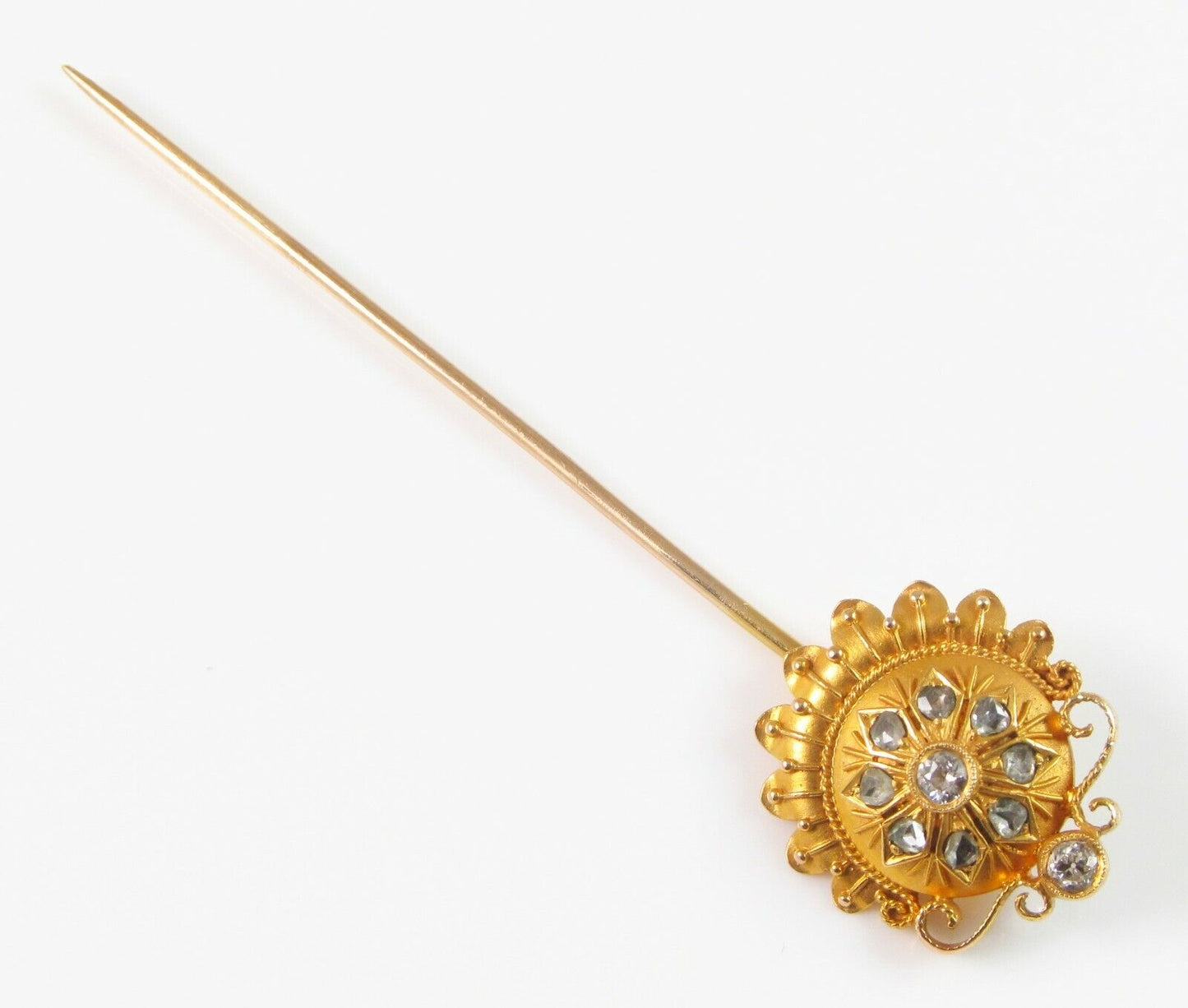 Antique Victorian 18k & 14k Gold & Diamond Etruscan Revival Stick Pin Circa 1870