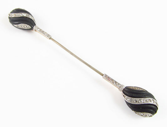 Antique French Art Deco 18k Gold Platinum Vulcanite & Diamond Jabot Stick Pin