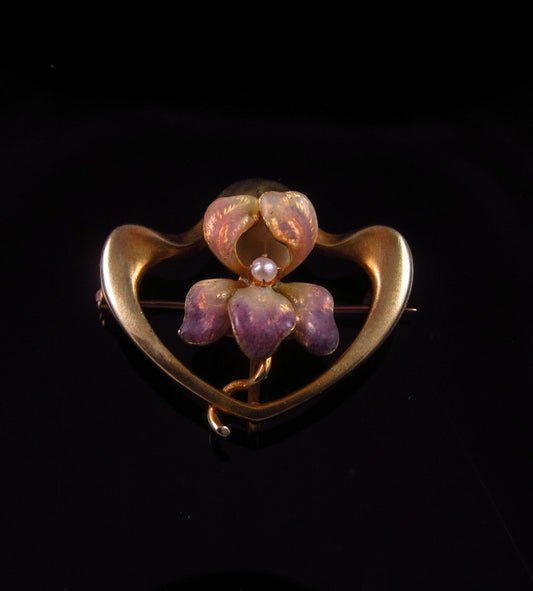 Antique 10k Gold Art Nouveau Enamel & Pearl Iris Flower Brooch Pin