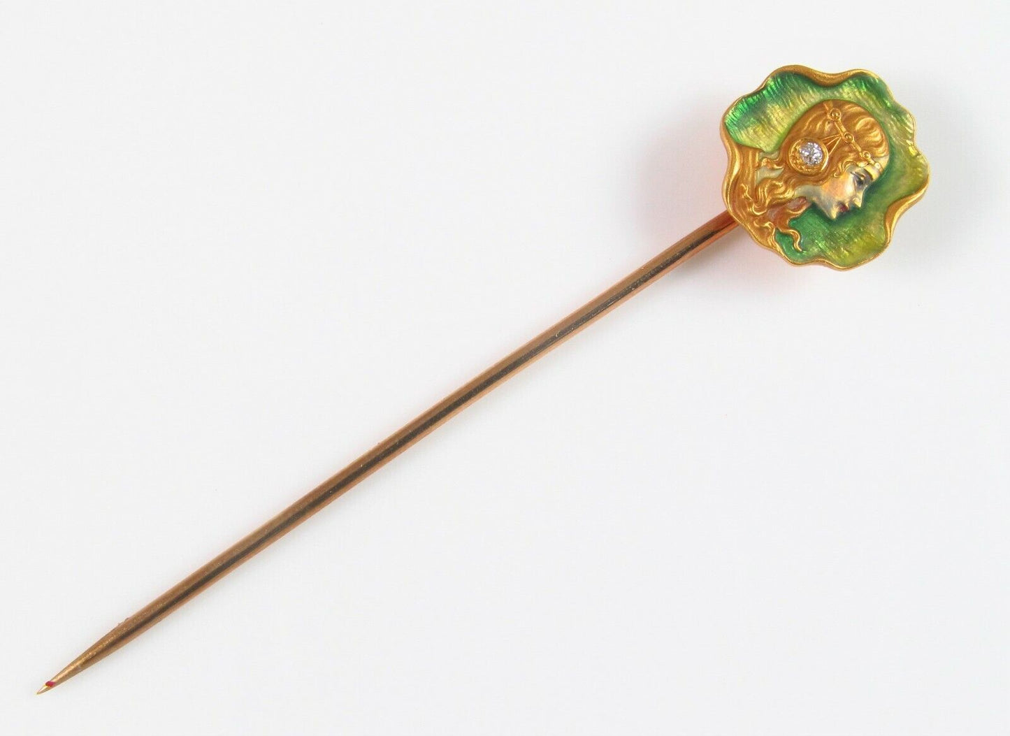 Antique 18k Gold Whiteside & Blank Enamel & Diamond Art Nouveau Lady Stick Pin