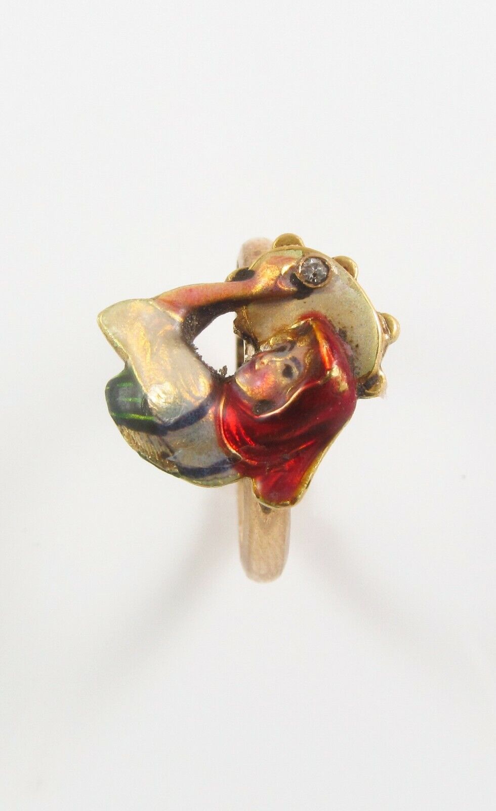 Antique 14k Gold Art Nouveau Enamel & Diamond Bavarian Bar Maid Ring Size 5.25